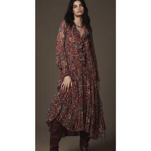 Anthropologie Long-Sleeve Ruffled Boho Midi Dress size L